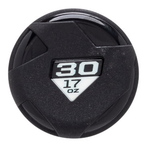 Top-down close-up of a black softball bat end cap with white 30 and 17 OZ numbers and a geometric molded design.