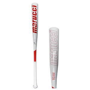 Side view of a white baseball bat with red Marucci branding and TEAM text.