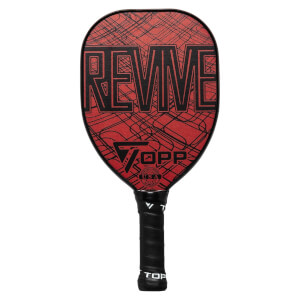 Front view of a red pickleball paddle with black REVIVE text, TOPP USA logo, and a black grip.