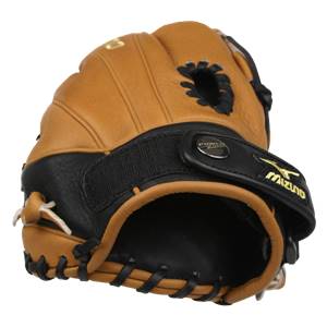 Corner view of a tan and black fastpitch glove with black lacing and a Mizuno logo.
