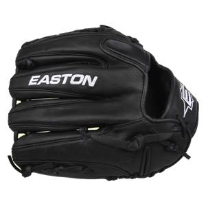 Front view of a black Easton glove with white embroidered lettering and a star logo.