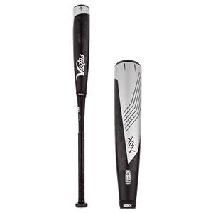 Side view of a black baseball bat with white Victus logo and silver end cap.