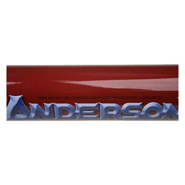 Close-up of a red softball bat with ANDERSON logo and POWER ARCH MULTI-WALL TECHNOLOGY text.