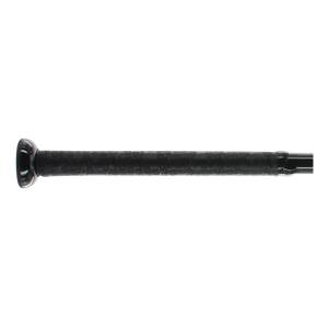 Side view of a black baseball bat with a textured grip and black end cap.