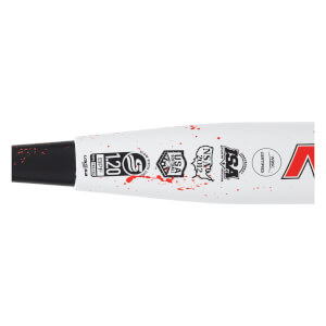Side view of a white slow pitch softball bat with red splatter, 120 BPF, USA SOFTBALL, and NSA 2012 logos.