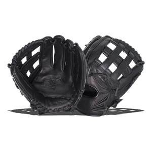 Front view of a black baseball glove with a webbed pocket and visible EASTON branding.