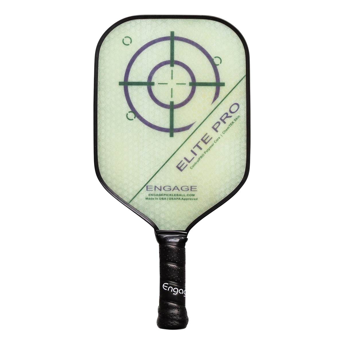 Front view of a light green pickleball paddle with a target design, ELITE PRO text, and a black grip.
