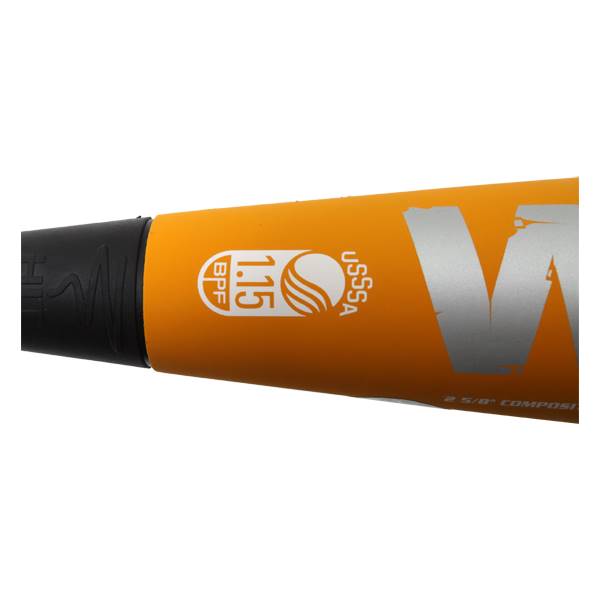 Side view of an orange baseball bat with a black grip, USSSA 1.15 BPF logo, and a large silver V.