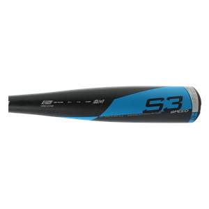 Side view of a black and blue baseball bat with S3 SPEED and 2 3/4 markings.