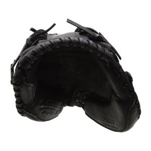Top-down view of a black catchers mitt with Akadema Praying Mantis and APM40 visible.