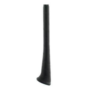 Bottom view of a black baseball bat with a flared handle and smooth finish.