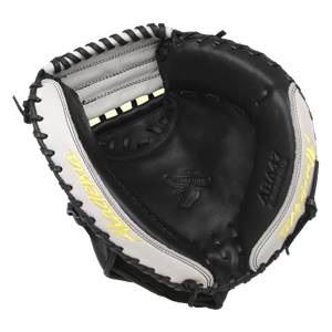 Top-down view of a black and white catchers mitt with yellow Akadema text and ABA47 model number.