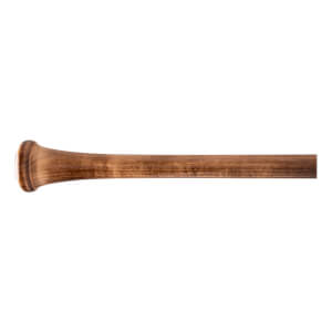 Close-up of a brown baseball bat with a flared knob and visible wood grain on the tapering handle.