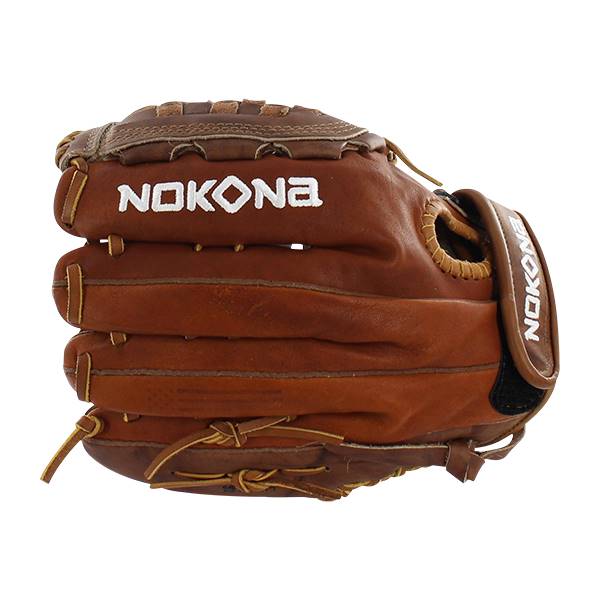 Front view of a brown leather baseball glove with white Nokona branding and a black wrist strap.