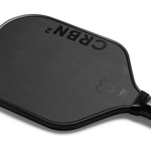 Top-down view of a black pickleball paddle with CRBN² branding and a textured surface.
