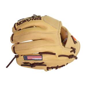 Front view of a tan baseball glove with Nokona branding and a Made in America patch.