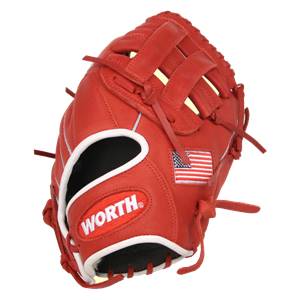 Front view of a red baseball glove with white trim, an American flag patch, and WORTH branding.