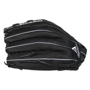 Side view of a black baseball glove with white piping and the Akadema logo.