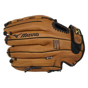 Top-down view of a tan baseball glove with black lacing and Mizuno branding.