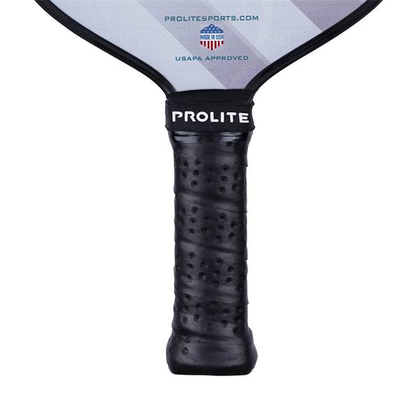 Close-up of a black pickleball paddle grip with perforations and the PROLITE logo.