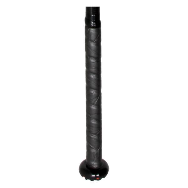 Close-up of a black softball bat grip with a textured surface and a black end cap.