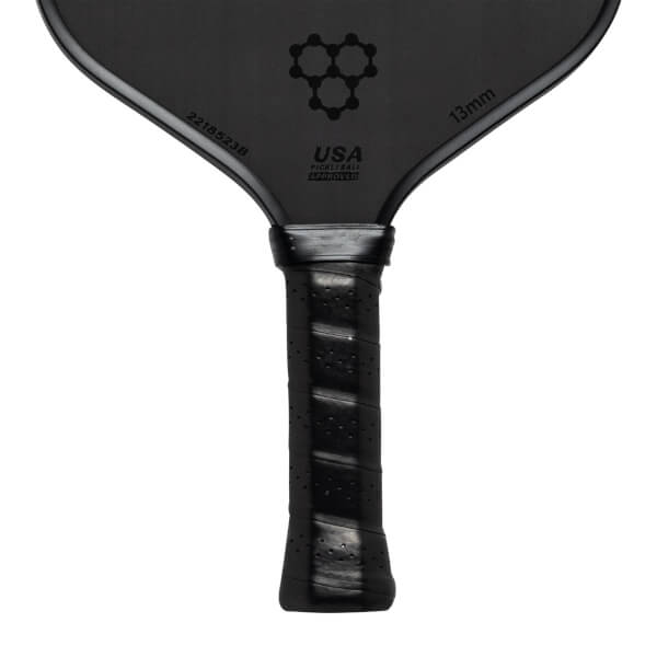 Top-down view of a black pickleball paddle with a honeycomb logo, USA PICKLEBALL APPROVED, and 13mm text.