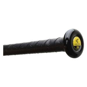 Close-up of a black tee ball bat grip with yellow Easton branding and the number 26.