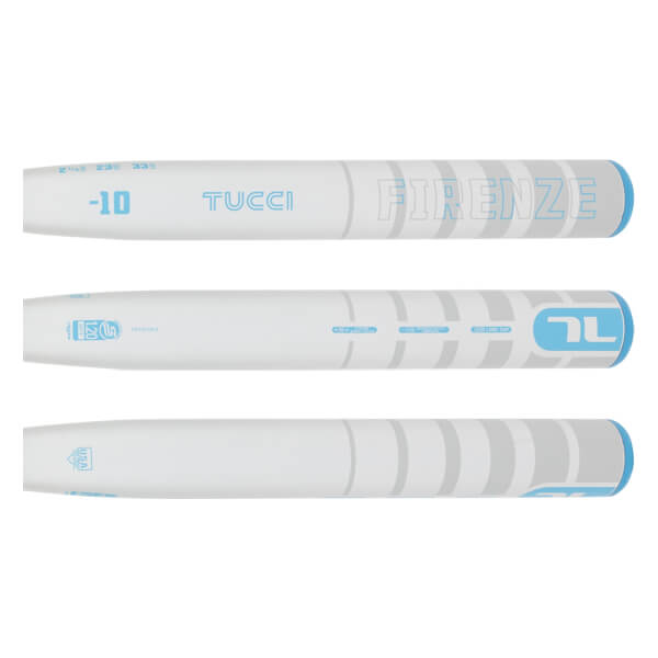 Multiple views of a white fastpitch softball bat with TUCCI FIRENZE -10 text, light blue accents, and gray stripe pattern.