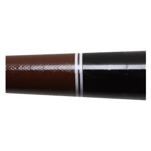 Side view of a brown and black baseball bat with two white stripes.