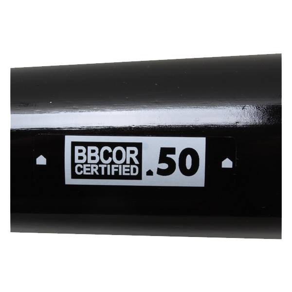 Close-up of a black baseball bat with a white label reading BBCOR CERTIFIED .50.