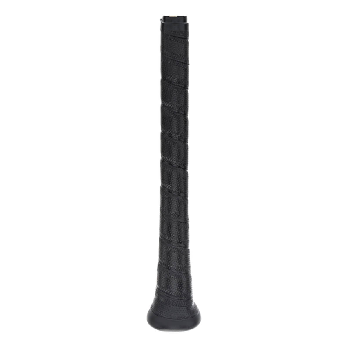 Side view of a black baseball bat grip with a textured spiral pattern.