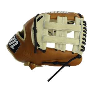 Side view of a brown baseball glove with a cream web and black lacing.