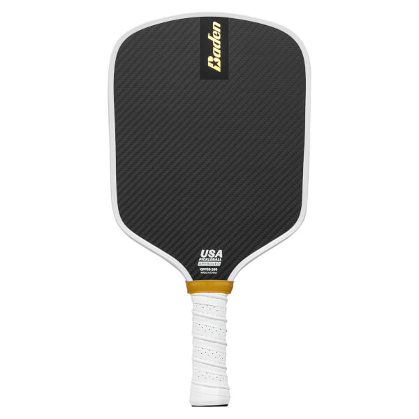 Front view of a black pickleball paddle with a carbon fiber surface, Baden logo, and white grip.