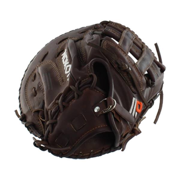 Top-down view of a brown Nokona X2 Elite Series First Base Mitt with white NOKONA text and orange logo.