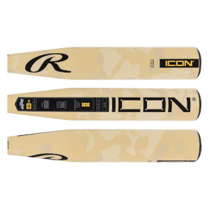 Top-down view of a tan camouflage Rawlings Icon baseball bat with black Rawlings logo and ICON text.