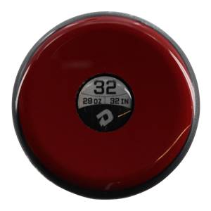 Top-down view of a red baseball bat with a circular black cap showing 32, 29 OZ, 32 IN, and a DeMarini logo.