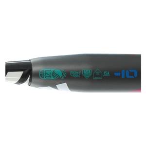 Close-up of a black fastpitch softball bat with USSSA, ASA, and ISA certifications and a -10 drop.