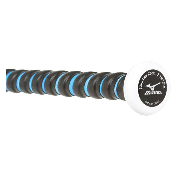 End view of a white knob on a black and blue softball bat with Mizuno branding.