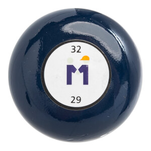 End view of a blue baseball bat with a white circular logo featuring an M and numbers 32 and 29.