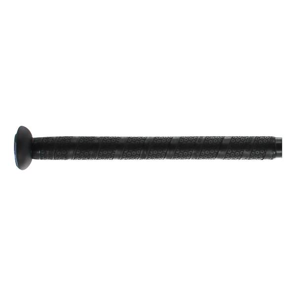 Side view of a black baseball bat with a textured grip and blue end cap.