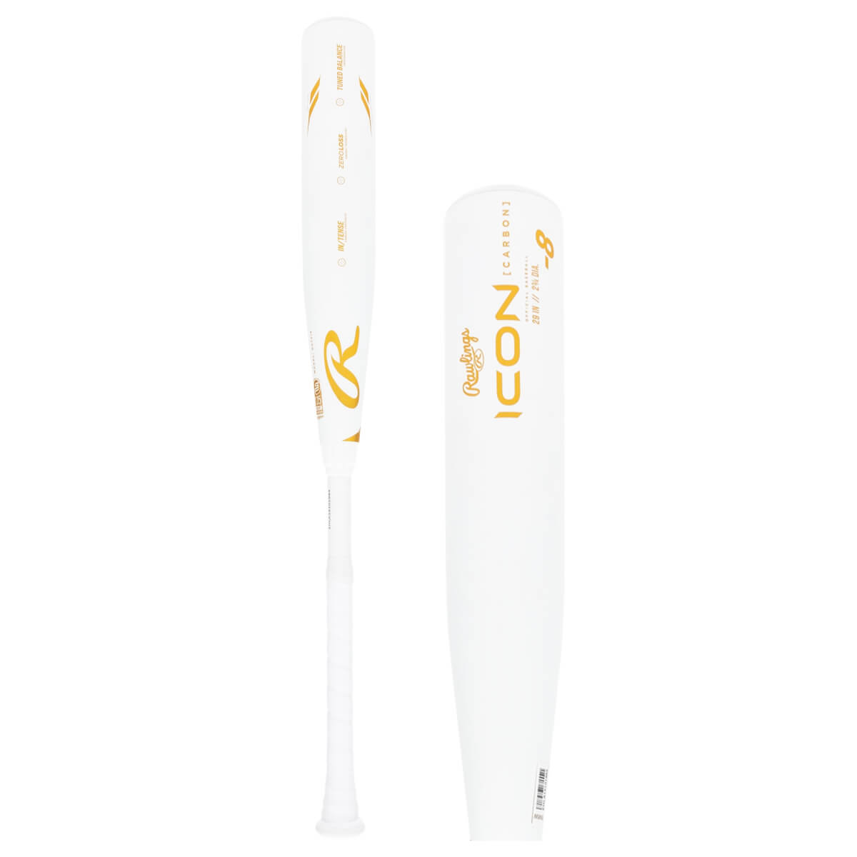 Side view of a white baseball bat with gold Rawlings logo, and a close-up of its barrel displaying ICON text.