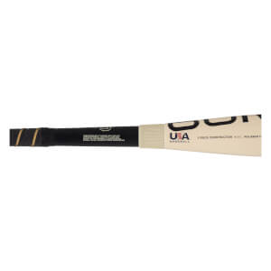 Mid-section view of a black and cream baseball bat with a black grip, gold stripes, and USA Baseball logo.