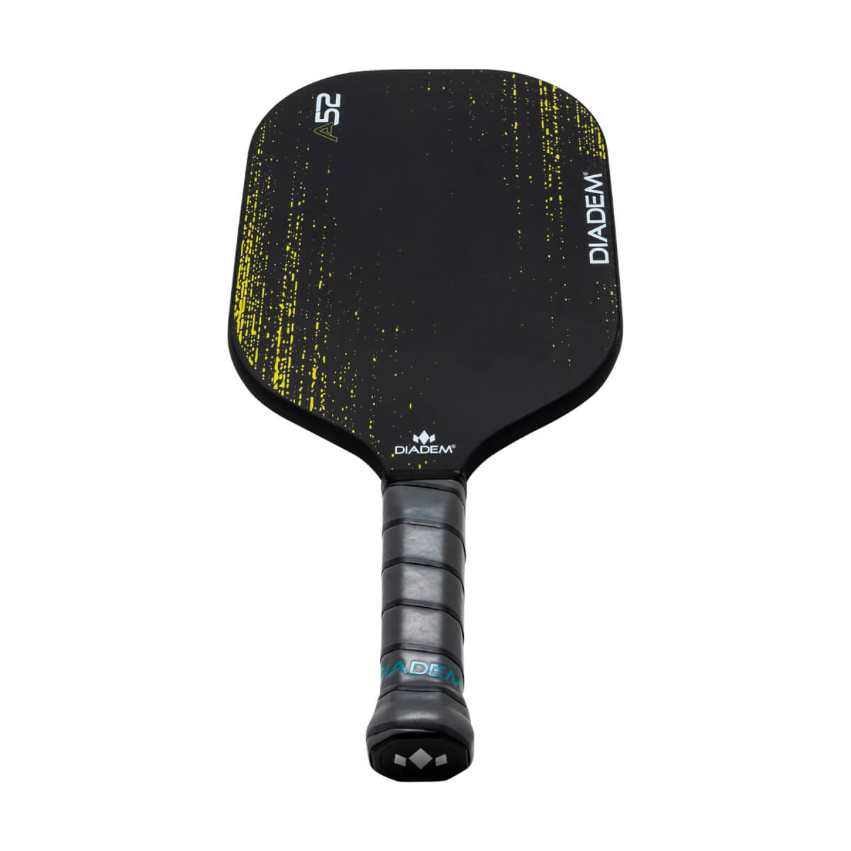 Front view of a black pickleball paddle with yellow speckle design, A52 and DIADEM text.