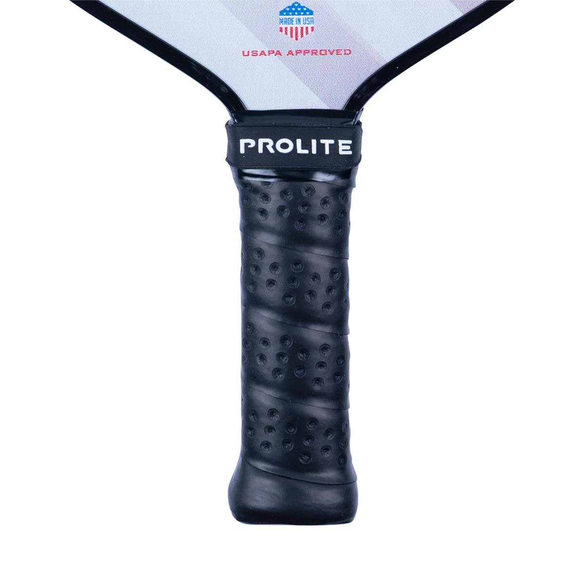 Close-up of a black pickleball paddle grip with a textured surface and the PROLITE logo.