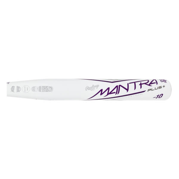 Side view of a white fastpitch softball bat with purple MANTRA PLUS+ branding and -10 designation.