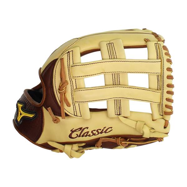 Side view of a tan and brown baseball glove with a tan web and Classic script.