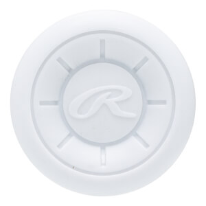 Top-down view of a white baseball bat end cap with a raised Rawlings R logo and radial lines.
