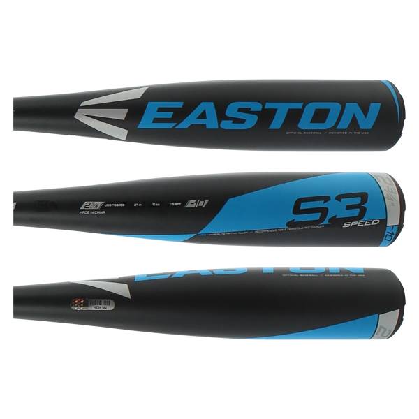 Three views of a black Easton S3 baseball bat with blue accents and S3 SPEED text.