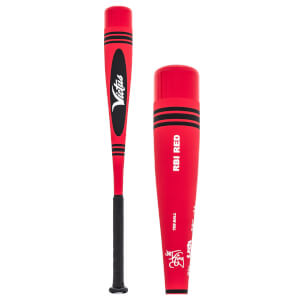Front view of a red tee ball bat with black stripes and Victus branding.