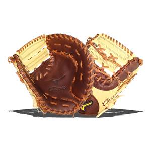 Front view of a brown and tan baseball glove with Classic branding and Mizuno logo.
